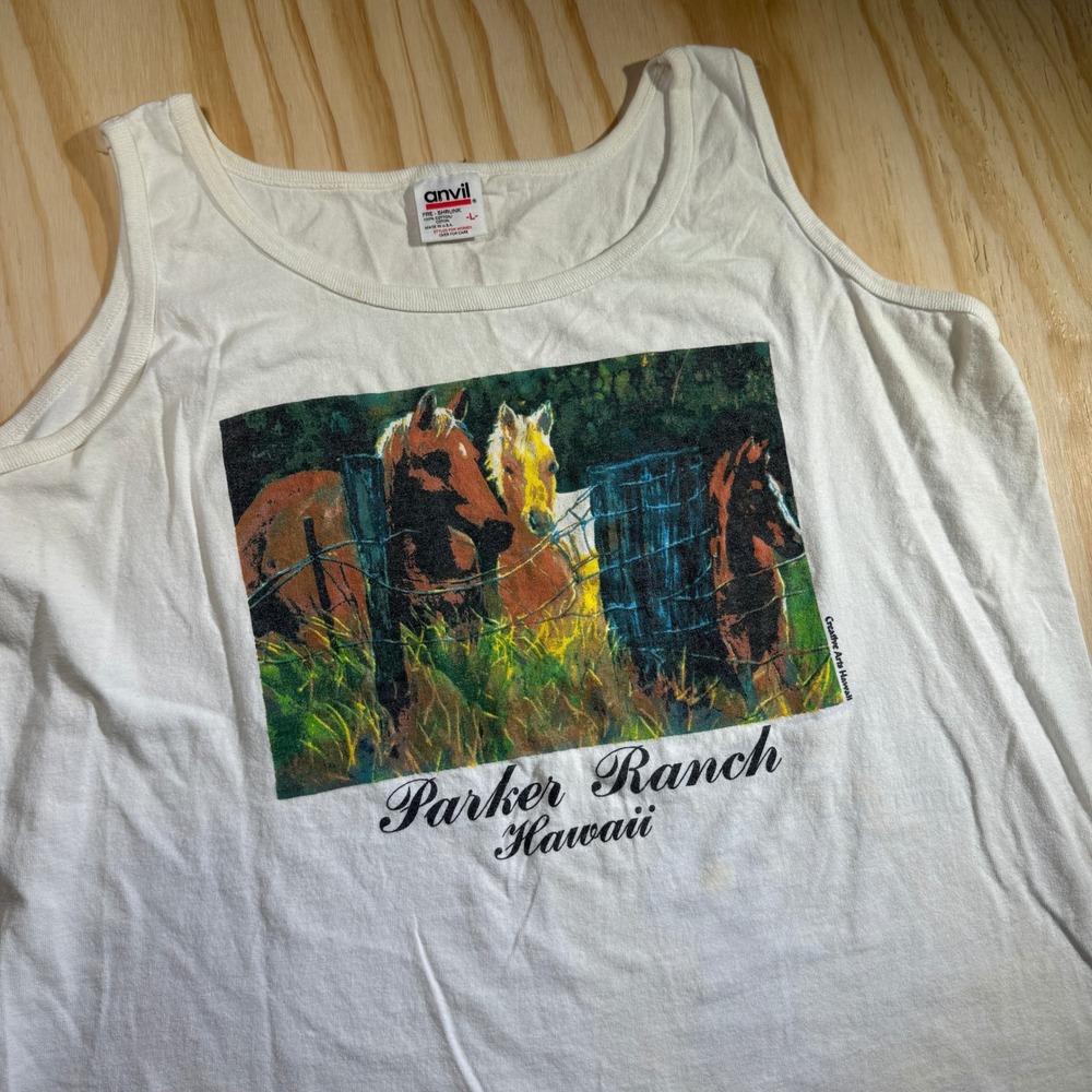 Anvil Parker Ranch Hawaii Vintage Scenic Horse Graphic Tank Top White L